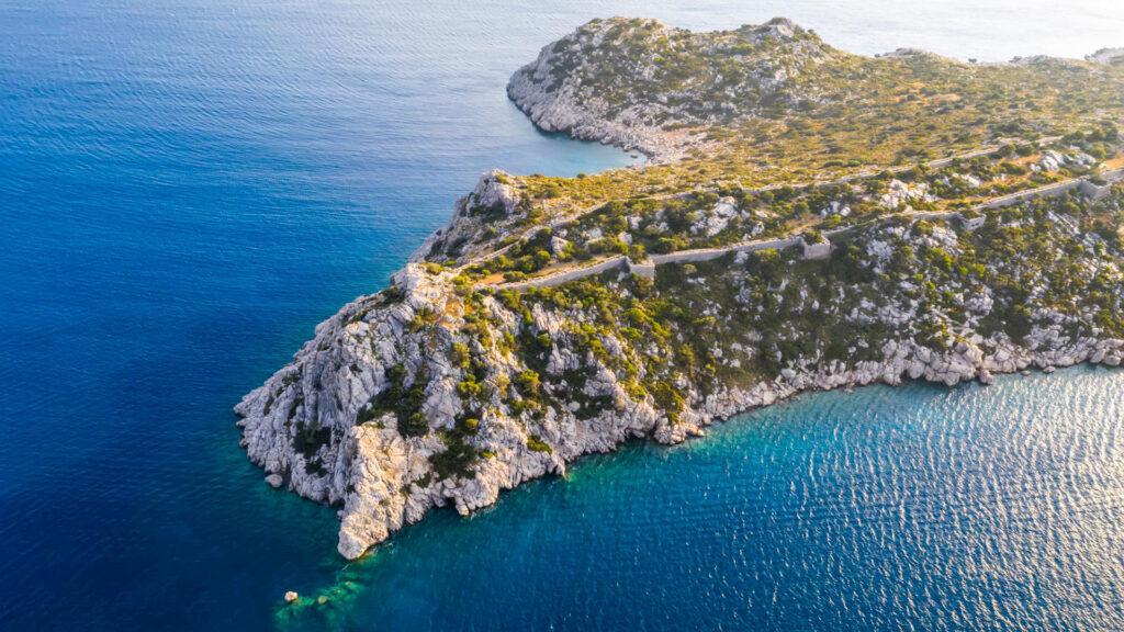 Aerial view of the ancient walls of Loryma running along the ridge above Bozukkale