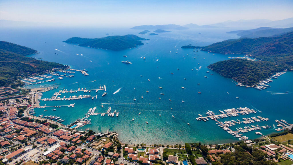 Aerial view of Göcek town, marina and the gulf's scattered islands beyond